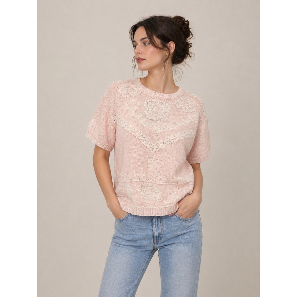 Across America‎ Knit Sweater Vintage Coquette Cottagecore Pink Cotton Blend M/L